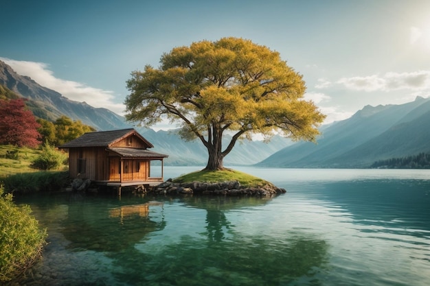 Vista sul lago montagna con piccolo albero al tramonto paesaggi pacifici immagini vibrazioni di rilassamento