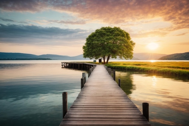 Vista sul lago montagna con piccolo albero al tramonto paesaggi pacifici immagini vibrazioni di rilassamento