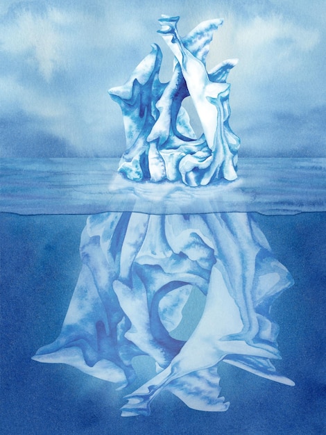 Vista sul mare astratta disegnata a mano dell'acquerello con l'iceberg con la sua parte subacquea. Clipart dipinto a mano