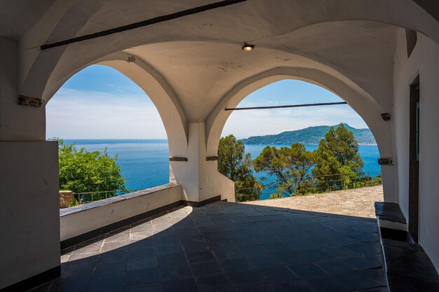 Vista sul mare dal Santuario Madonna delle Grazie, in cima ad un colle sopra Chiavari