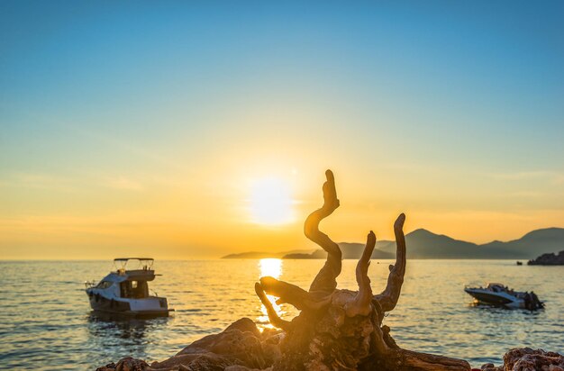 Vista sul mare del Montenegro al bel tramonto in estate