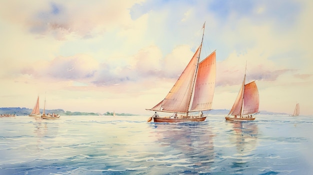 Vista sul mare dell'acquerello con barche a vela