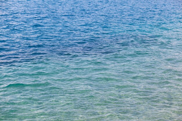 Vista sul mare di acque limpide sul mare. Acqua limpida sull'oceano, sul mare o sul lago. L'acqua si increspa al sole.