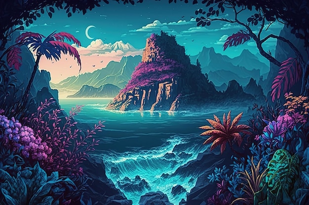 Vista sul mare e sulle montagne fantastica illustrazione magica