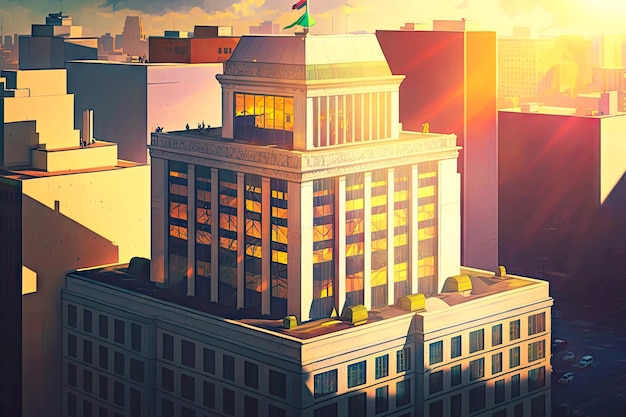 Vista sul tetto della città di un grande edificio per uffici multicolore in serata soleggiata