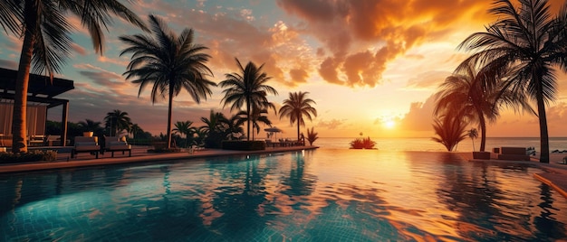 Vista sul tramonto, palme e una piscina, una spiaggia idilliaca