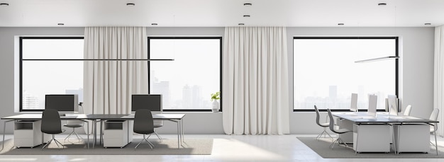 Vista sulla città di Megapolis da una grande finestra in un ufficio all'aperto soleggiato con mobili leggeri eleganti tappeto grigio e tenda