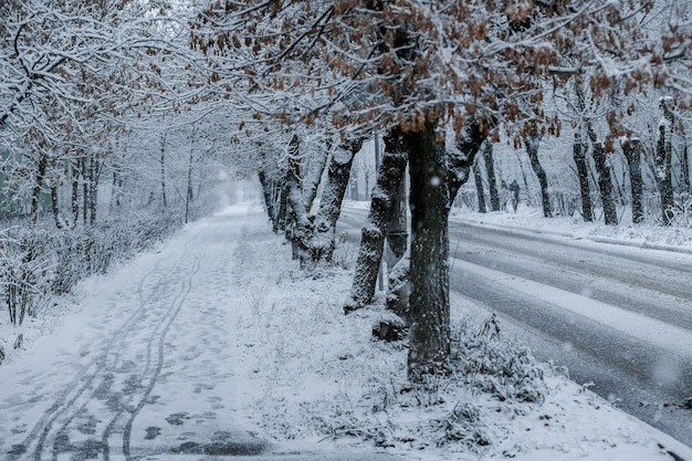 Vista sulla città, tempo nevoso, strade invernali della città