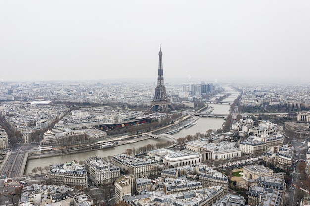 Vista sulla torre Eiffel e sul fiume sui tetti di Parigi in una giornata grigia e nuvolosa