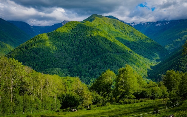 Vista sulla valle del fiume Lez con cime innevate sullo sfondo nei Pirenei francesi