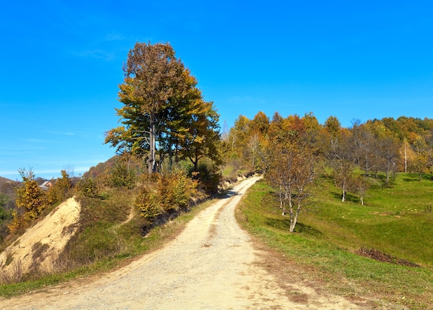 Vista sulle montagne autunnali con strada di campagna (Mt dei Carpazi, Ucraina).