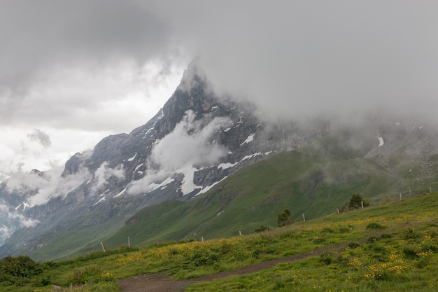 Vista sulle montagne dalla stazione Jungfraujoch nelle alpi, parco nazionale di Lauterbrunnen, Svizzera, Europa. Paesaggio estivo, tempo piovoso, cielo con nuvole drammatiche