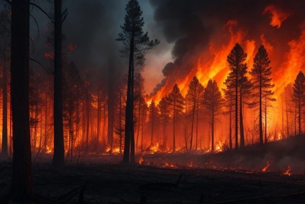 vista sullo sfondo della foresta in fiamme