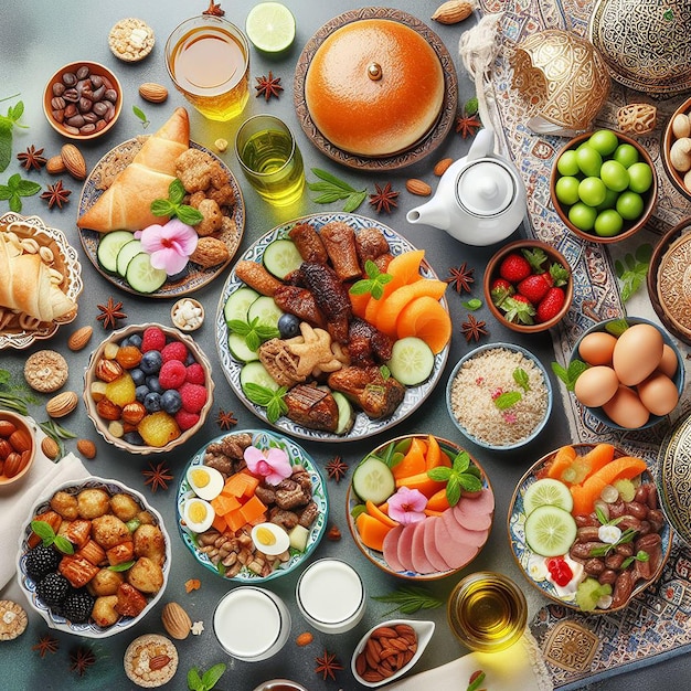 Vista superiore celebrazione dell'Eid al-Fitr con cibo delizioso