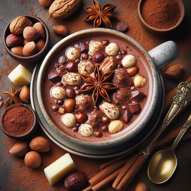 vista superiore cioccolato caldo con noci polvere di cacao