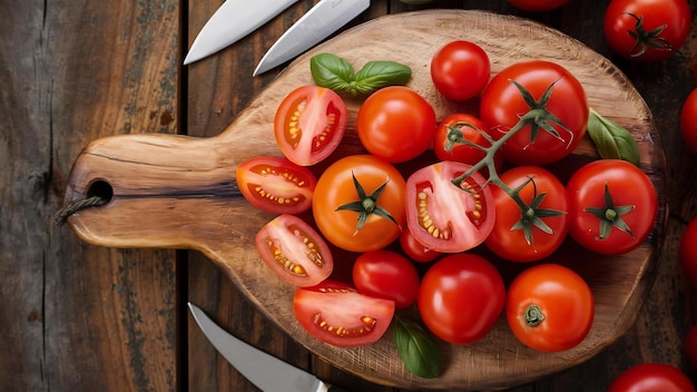 Vista superiore dei pomodori intorno alla tavola da taglio sul legno