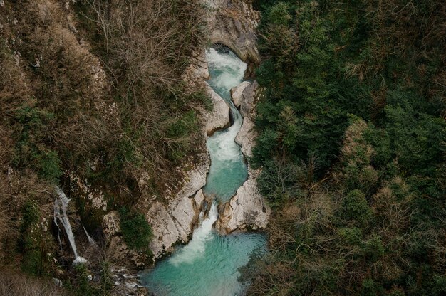 Vista superiore del flusso del fiume blu potente che scorre nella foresta della Georgia. Canyon Martvili. Okatse canyon