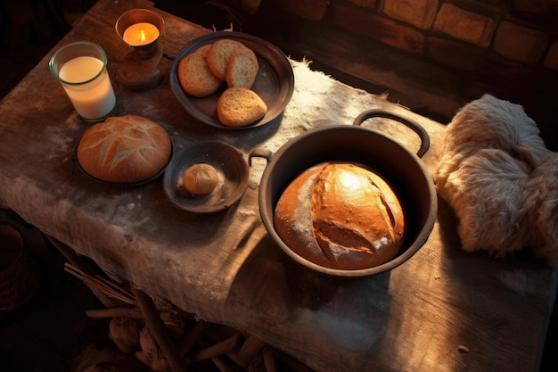 Vista superiore del pane cotto su un tavolo di legno vicino al forno di argilla creato con ai generativo