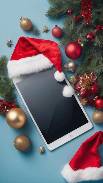 Vista superiore del tablet digitale con decorazioni natalizie e cappelli di Babbo Natale su sfondo blu