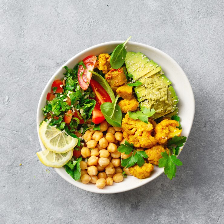 Foto vista superiore dell'alimento vegetariano sano equilibrato buddha della ciotola