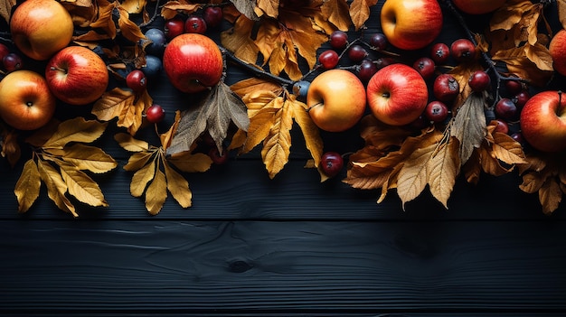 Vista superiore dell'essenza di autunno delle foglie e della mela sulla tavola di legno