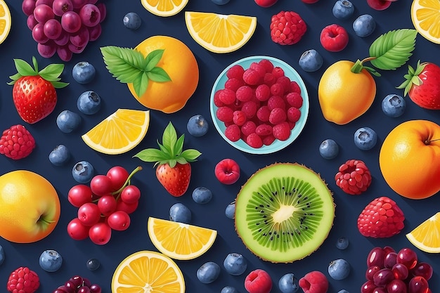 Vista superiore dell'illustrazione di un mix di frutti e bacche alimentari salutari