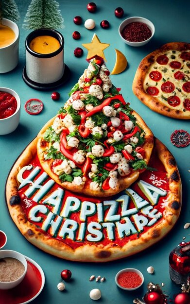 Vista superiore della fetta di pizza isolata sullo sfondo di Natale