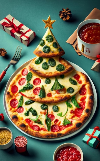 Vista superiore della fetta di pizza isolata sullo sfondo di Natale