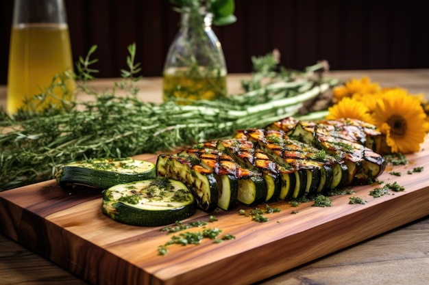 Vista superiore della griglia di zucchine su tavola di cedro con segni di griglia creati con ai generativi