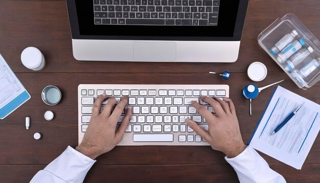 vista superiore della mano del medico della medicina che lavora con un computer moderno e uno schermo vuoto
