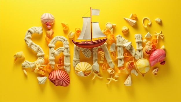 Vista superiore della parola AUTUMN realizzata con vari oggetti di spiaggia su sfondo giallo