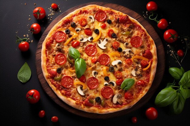 Vista superiore della pizza riempita di pomodori, peperoncini colorati, salami e olive su una tavola di legno