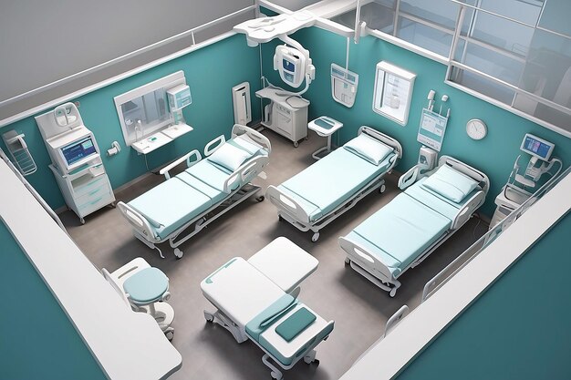 Vista superiore della sala di recupero dell'ospedale con letti3d rendering