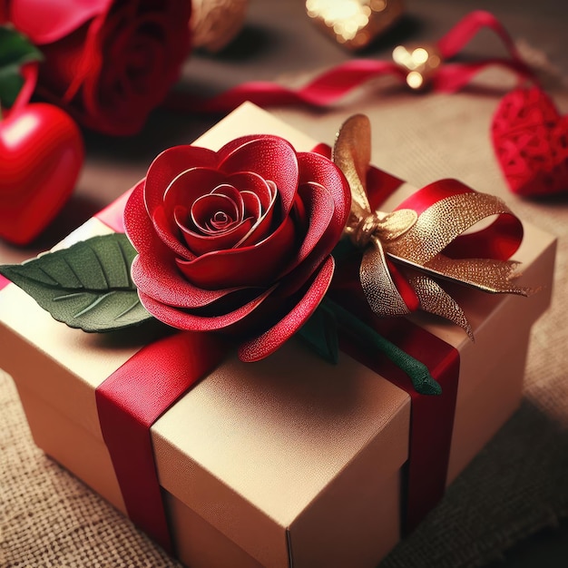 Vista superiore della scatola regalo presente con nastro candela rosa rossa umore romantico anniver di San Valentino