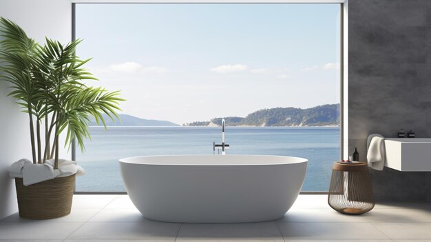 Vista superiore della vasca da bagno con tavolo laterale e asciugamano sul mare