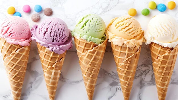 Vista superiore di cinque coni di gelato in fila su uno sfondo di marmo Il gelato nei coni è rosa viola verde arancione e bianco