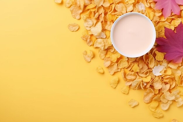 Vista superiore di cornflakes e latte con spazio di copia su sfondo rosa e giallo orizzontale