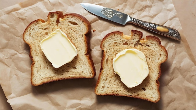 Vista superiore di due fette di pane secco di segale come pane tostato con burro per la colazione con un coltello vintage