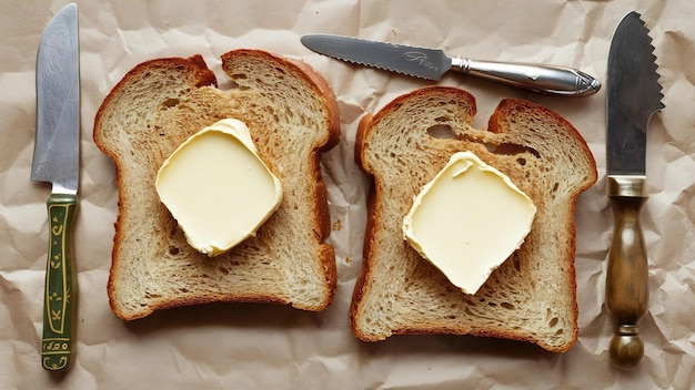 Vista superiore di due fette di pane secco di segale come pane tostato con burro per la colazione con un coltello vintage