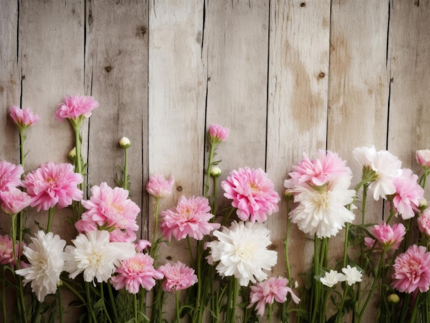 Vista superiore di fiori rosa e bianchi sullo sfondo di un tavolo di legno nello stile dell'AI generativa vintage