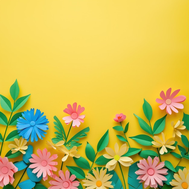 Vista superiore di fiori tagliati su carta colorati su uno sfondo colorato con spazio di copia