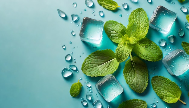 Vista superiore di foglie di menta e cubi di ghiaccio con gocce d'acqua su sfondo blu con spazio di copia