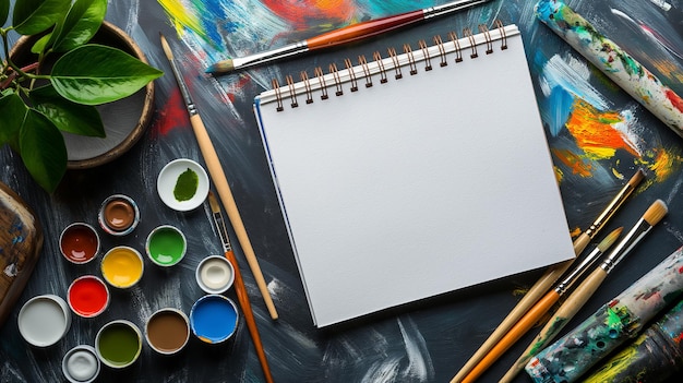 Vista superiore di forniture d'arte con modello di quaderno di schizzi vuoto Concetto di hobby