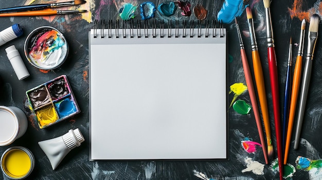 Vista superiore di forniture d'arte con modello di quaderno di schizzi vuoto Concetto di hobby