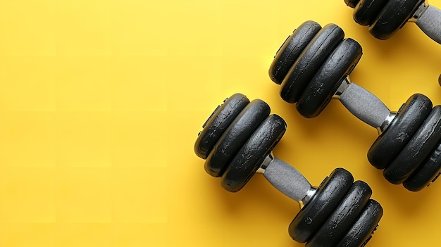 Vista superiore di grandi palle da palestra su superficie gialla con un grande spazio vuoto per il testo AI generativa