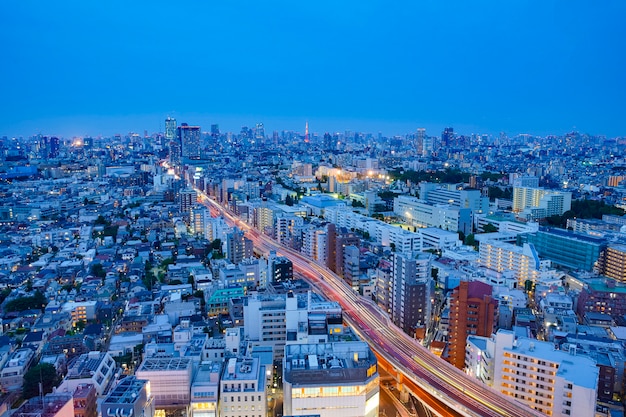 Vista superiore di notte di una città urbana occupata