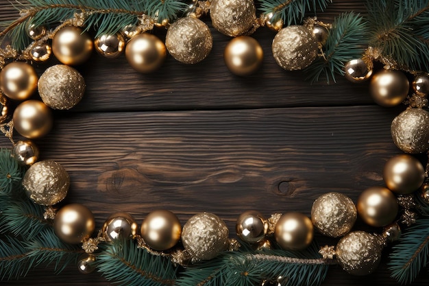 vista superiore di palle d'oro di Natale e decorazione in una cornice su uno sfondo di legno con spazio di copia