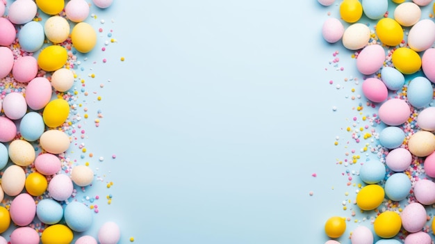 Vista superiore di piccole uova di Pasqua multicolori su uno sfondo blu pastello isolato con uno spazio di copia al centro