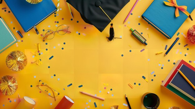 Vista superiore di un berretto nero accademico su uno sfondo giallo pulito con occhiali, libri e confetti con un grande spazio per testo o prodotto