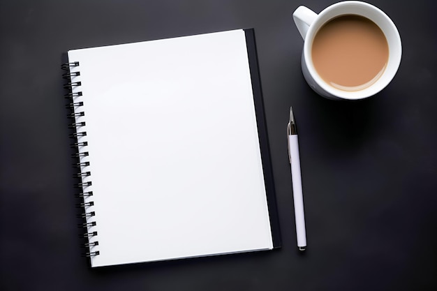 Vista superiore di un blocco note bianco con matita e tazza di caffè su uno spazio di copia sullo sfondo scuro